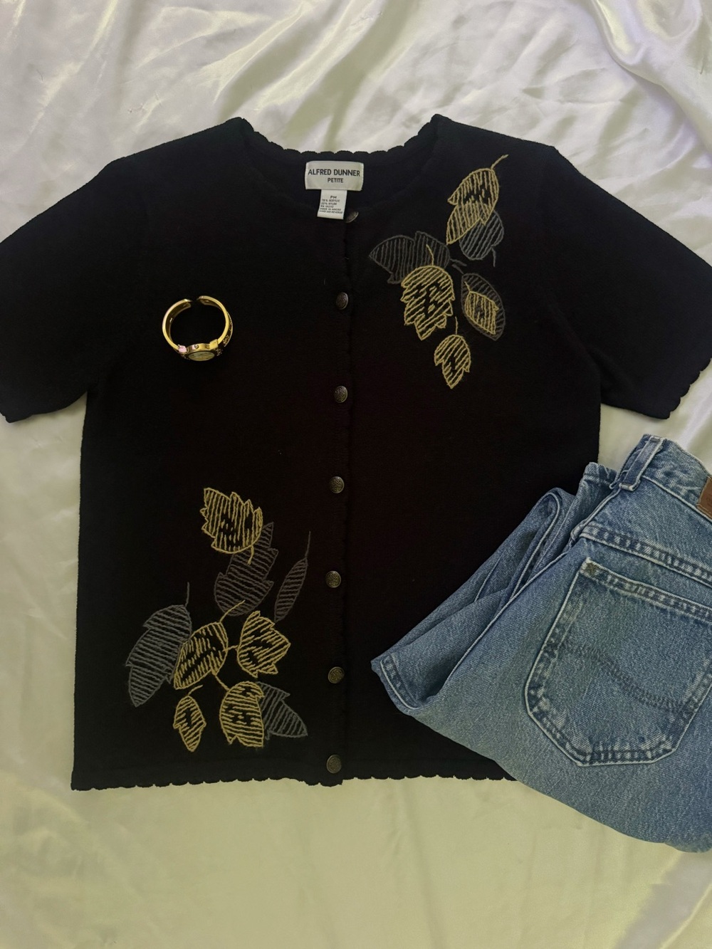 Alfred Dunner Black Short-Sleeve Knit Cardigan with Gold Leaf Embroidery
